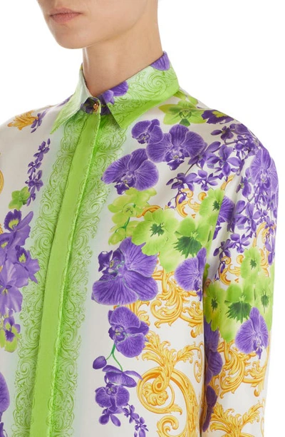 Shop Versace Orchid Medusa Print Silk Button-up Blouse In White/ Green
