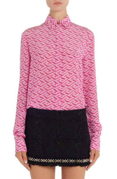 Shop Versace La Greca Print Silk Crepe Button-up Blouse In Pink/ Fuchsia