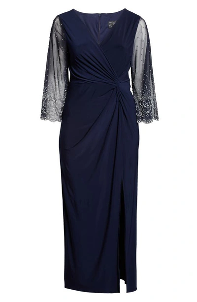 Alex Evenings Long Sleeve Surplice Neck Evening Dress In Dark Navy