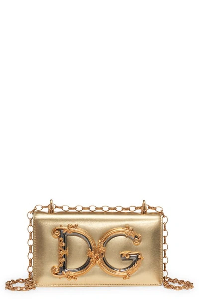 Shop Dolce & Gabbana Logo Metallic Leather Crossbody Bag In 89869 Light Gold