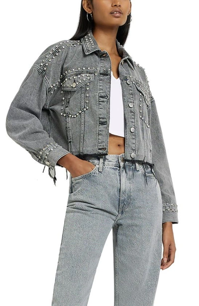 River Island Embellished Crop Raw Hem Denim Jacket In Grey