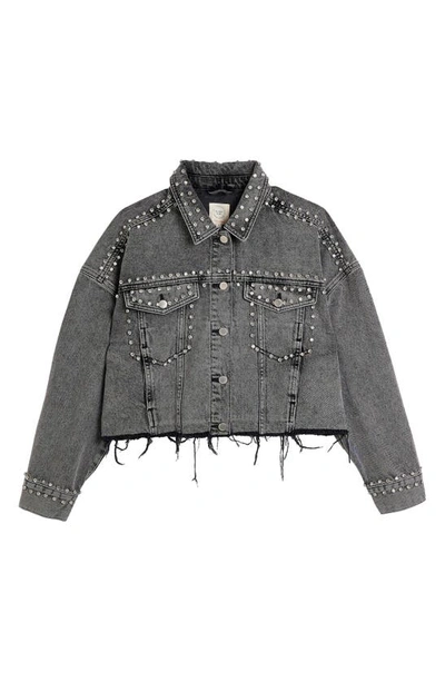 River Island Embellished Crop Raw Hem Denim Jacket In Grey