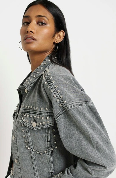River Island Embellished Crop Raw Hem Denim Jacket In Grey