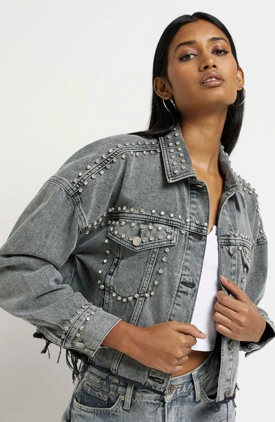 River Island Embellished Crop Raw Hem Denim Jacket In Grey