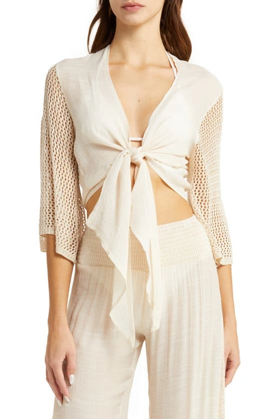 Shop Elan Open Stitch Accent Tie Front Cover-up Top In Natural