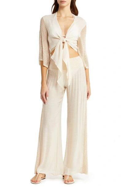 Elan Crochet Tie Front Cover-up Top In Natural