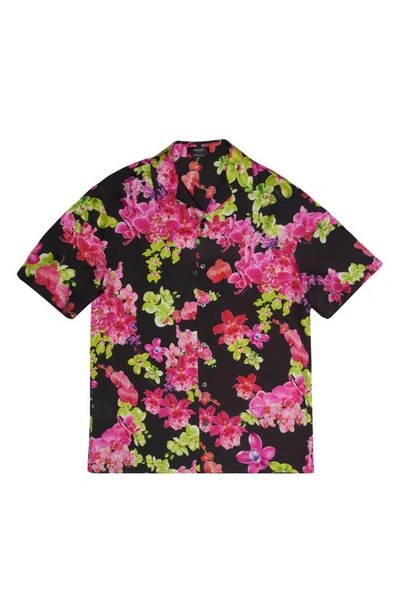 Shop Versace Orchid Print Silk Button-up Shirt In Nero/ Multi