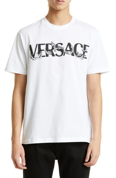 Shop Versace Fleur Embroidered Logo Graphic Tee In White/ Black