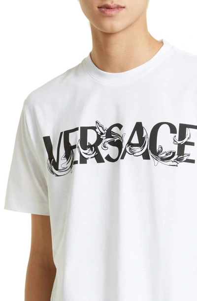 Shop Versace Fleur Embroidered Logo Graphic Tee In White/ Black
