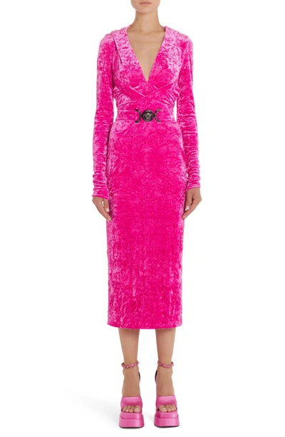 Shop Versace Hooded Long Sleeve Deep V-neck Crushed Velvet Midi Dress In Pink