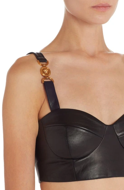 Shop Versace Medusa Strap Detail Lambskin Leather Bra Top In Black