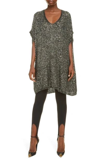 Shop Saint Laurent Sequin Mesh Short Caftan Dress In Noir/ Argent/ Or