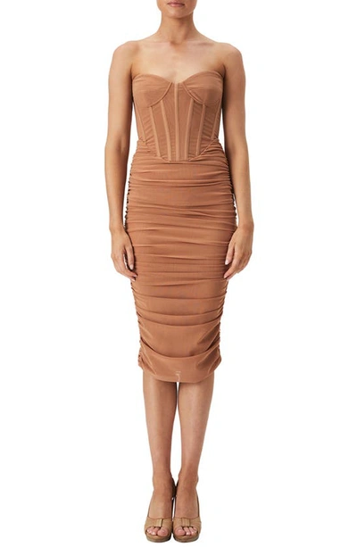 Shop Bardot Lithium Corset Bodice Ruched Strapless Mesh Midi Dress In Nude Pink
