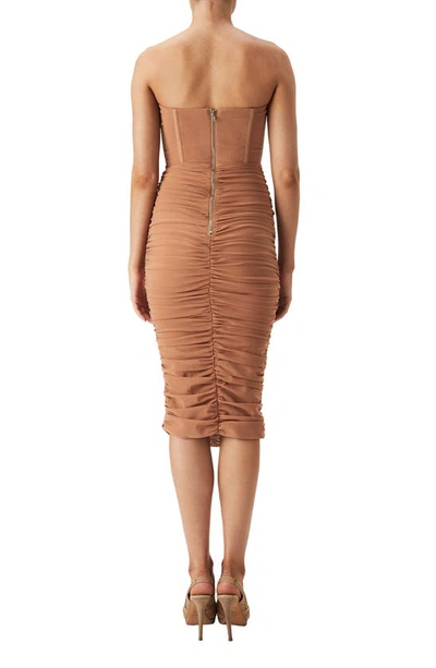 Shop Bardot Lithium Corset Bodice Ruched Strapless Mesh Midi Dress In Nude Pink
