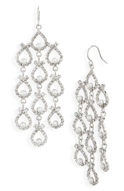 Shop Cristabelle Open Crystal & Imitation Pearl Drop Earrings In Crystal/ Pearl/ Rhodium