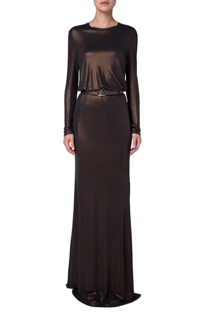 Shop Akris Belted Long Sleeve Liquid Jersey Gown In Copper