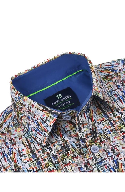 Tom Baine Abstract Print Long Sleeve Slim Fit 4-way Stretch Shirt In Blue