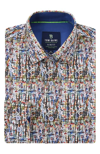 Tom Baine Abstract Print Long Sleeve Slim Fit 4-way Stretch Shirt In Blue
