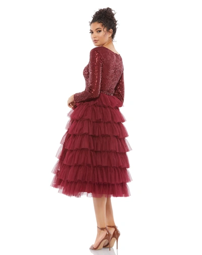 Shop Ieena For Mac Duggal Long Sleeve Ruffle Tiered Midi Dress In Wine