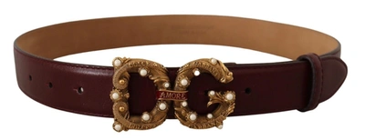 Shop Dolce & Gabbana Bordeaux Leather Brass Logo Buckle Baroque Amore Women's Belt