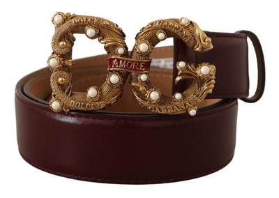 Shop Dolce & Gabbana Bordeaux Leather Brass Logo Buckle Baroque Amore Women's Belt