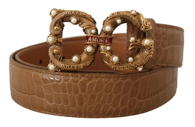 Shop Dolce & Gabbana Elegant Croco Leather Amore Belt With Women's Pearls In Brown