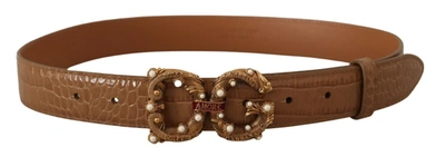Shop Dolce & Gabbana Elegant Croco Leather Amore Belt With Women's Pearls In Brown