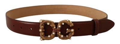 Shop Dolce & Gabbana Elegant Pearl-embellished Leather Amore Women's Belt In Brown