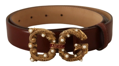 Shop Dolce & Gabbana Elegant Pearl-embellished Leather Amore Women's Belt In Brown