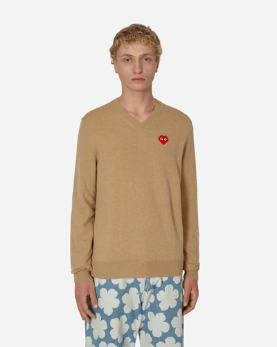 Shop Comme Des Garçons Play Invader Heart V-neck Sweater In Beige