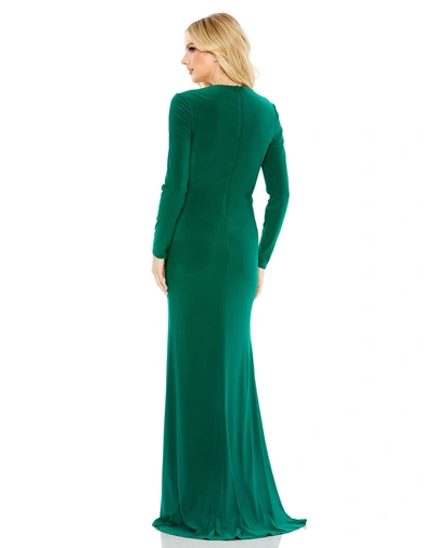 Shop Ieena For Mac Duggal Gathered Pearl Long Sleeve Keyhole Gown In Emerald
