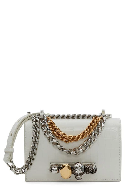 Shop Alexander Mcqueen Mini Jeweled Croc Embossed Leather Satchel In 9210 Soft Ivory