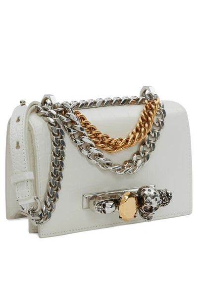 Shop Alexander Mcqueen Mini Jeweled Croc Embossed Leather Satchel In 9210 Soft Ivory