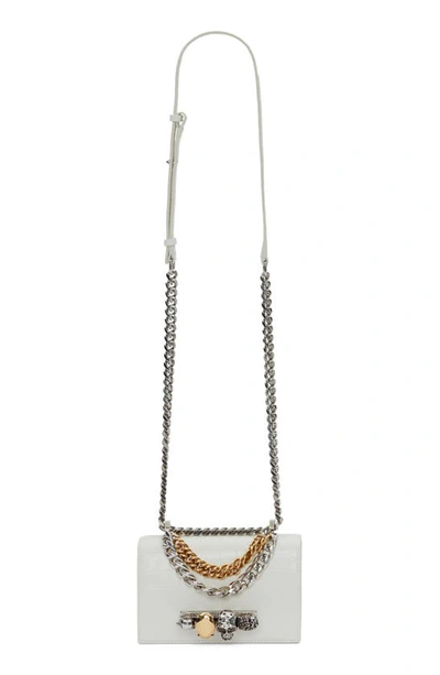 Alexander Mcqueen Mini Jewelled Croc Embossed Leather Satchel In 9210 Soft Ivory