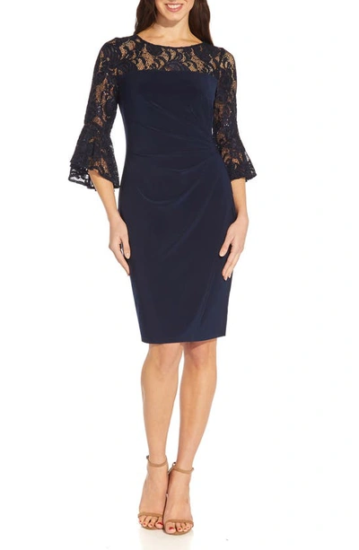 Shop Adrianna Papell Bell Sleeve Sequin Lace & Jersey Sheath Dress In Midnight