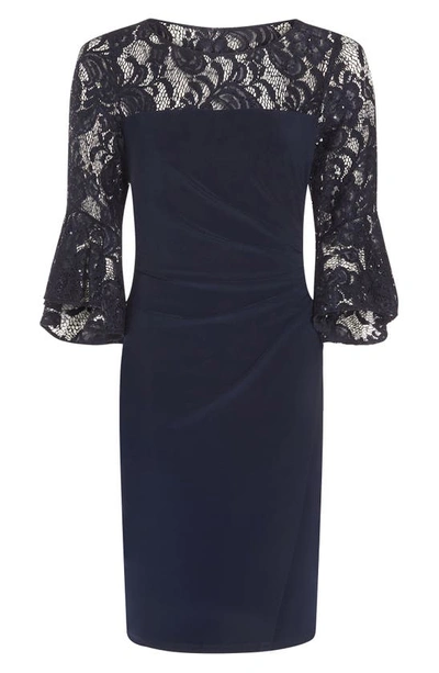 Shop Adrianna Papell Bell Sleeve Sequin Lace & Jersey Sheath Dress In Midnight