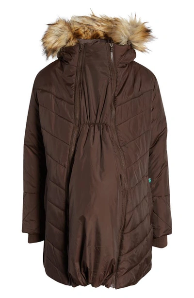 Modern Eternity Faux Fur Trim Convertible Puffer 3-in-1 Maternity Jacket In Dark Chocolate