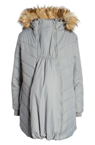 Modern Eternity Faux Fur Trim Convertible Puffer 3-in-1 Maternity Jacket In Graphite