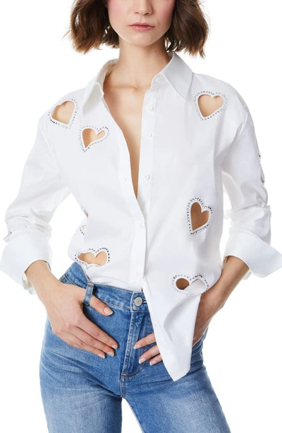 Shop Alice And Olivia Crystal Heart Cutout Detail Cotton Blend Button-up Shirt In Ecru