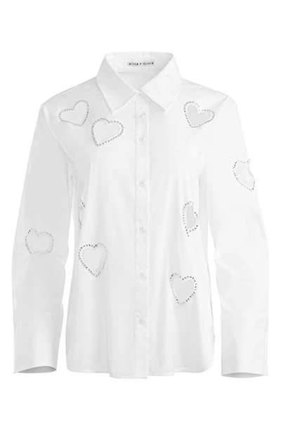 Shop Alice And Olivia Crystal Heart Cutout Detail Cotton Blend Button-up Shirt In Ecru