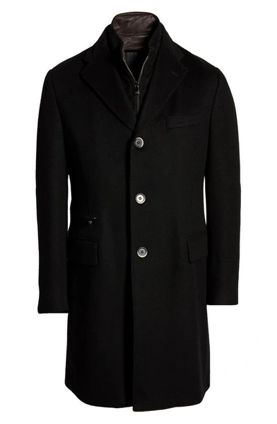 Shop Corneliani Solid Wool Topcoat With Bib Inset In Blk Sld