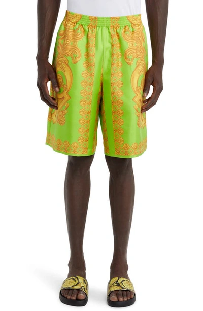 Shop Versace Barocco Print Silk Shorts In Lime/ Gold