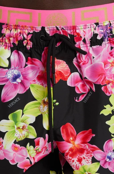 Shop Versace Orchid Print Swim Trunks In Nero/ Multi