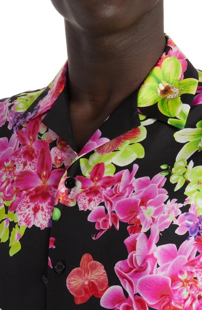 Shop Versace Orchid Print Silk Button-up Shirt In Nero/ Multi