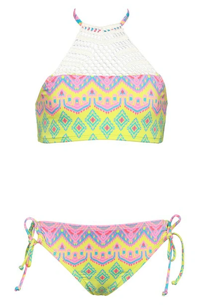 Shop Hobie Kids' Print Crochet Trim Two-piece Swimsuit In Citron