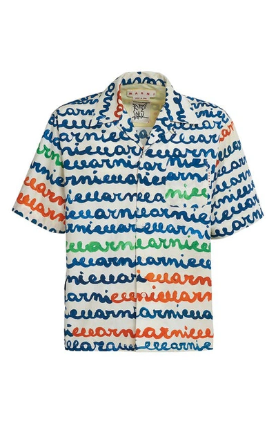 Shop Marni Logo Stripe Cotton Camp Shirt In Ivory