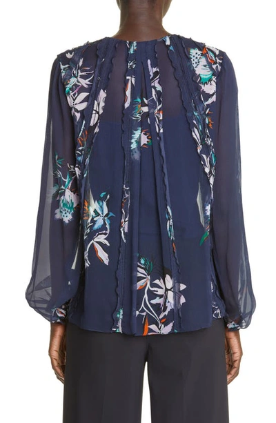 Shop Jason Wu Collection Floral Crinkle Silk Chiffon Blouse In Navy Lilac Multi