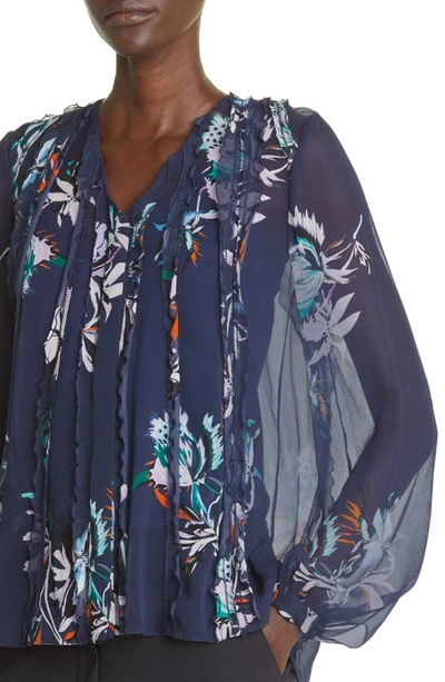 Shop Jason Wu Collection Floral Crinkle Silk Chiffon Blouse In Navy Lilac Multi