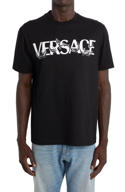 Shop Versace Fleur Embroidered Logo Graphic Tee In Black/ White