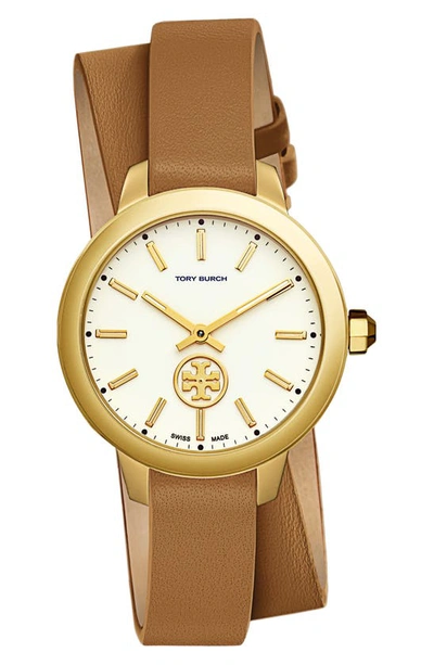 Shop Tory Burch Collins Double Wrap Leather Strap Watch, 38mm In Luggage/ Cream/ Gold